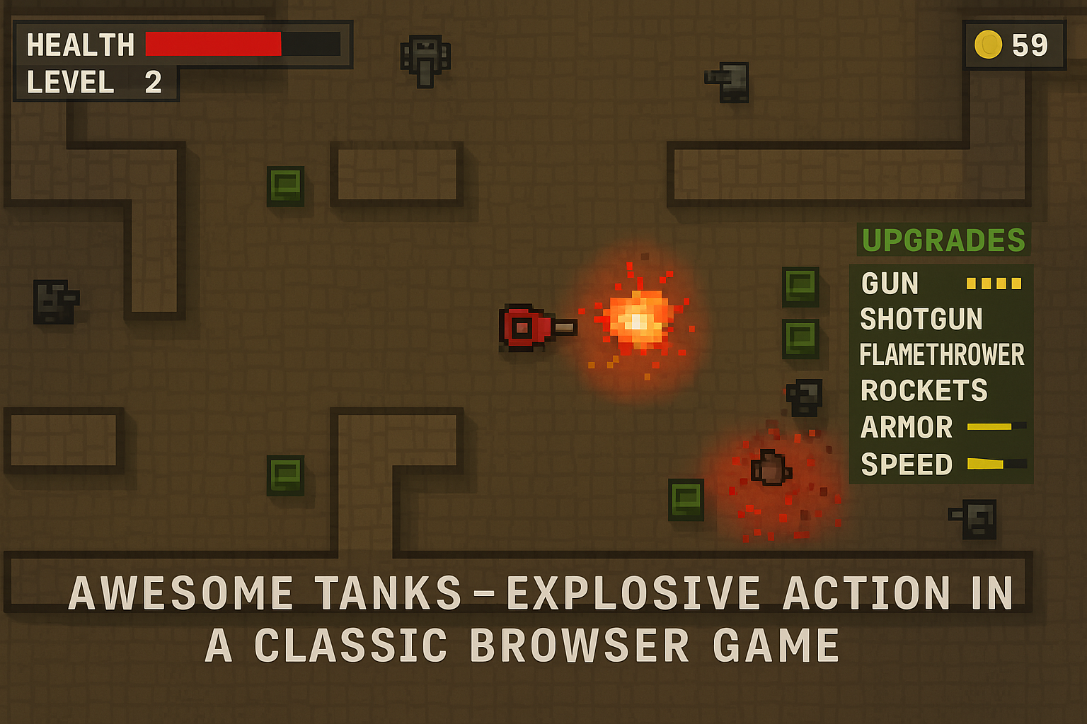 Awesome Tanks browser game with tank battles, upgrades, and explosions
