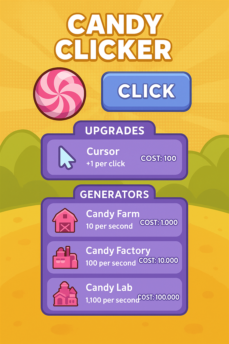 Candy Clicker browser idle game with candy upgrades and generators